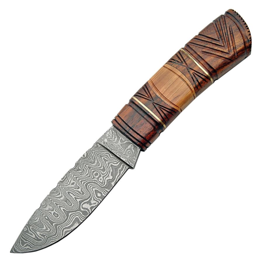 Nôž s pevnou čepeľou DAMASCUS CARVED drevená rukoväť