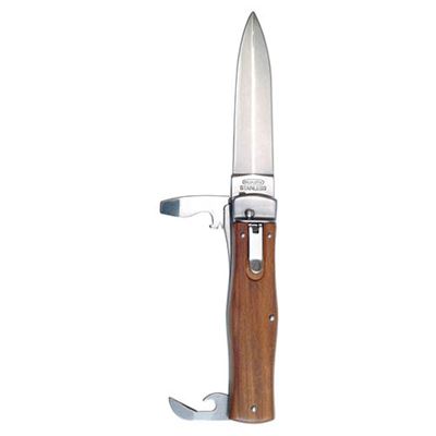 Nôž vyhadzovací s drevenou črienkou s otváračmi