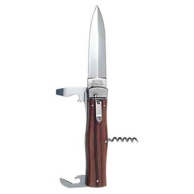Nôž vyhadzovací s drevenou črienkou s otváračmi a vývrtkou