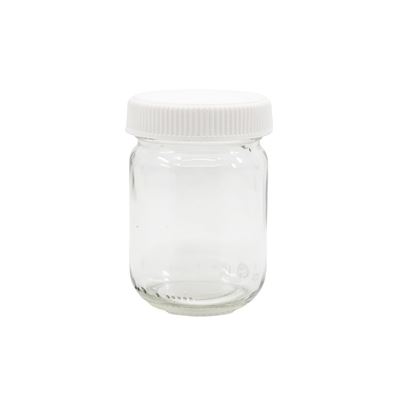 Fľaštička sklenená širokohrdlá 130ml s plastovým bielym viečkom
